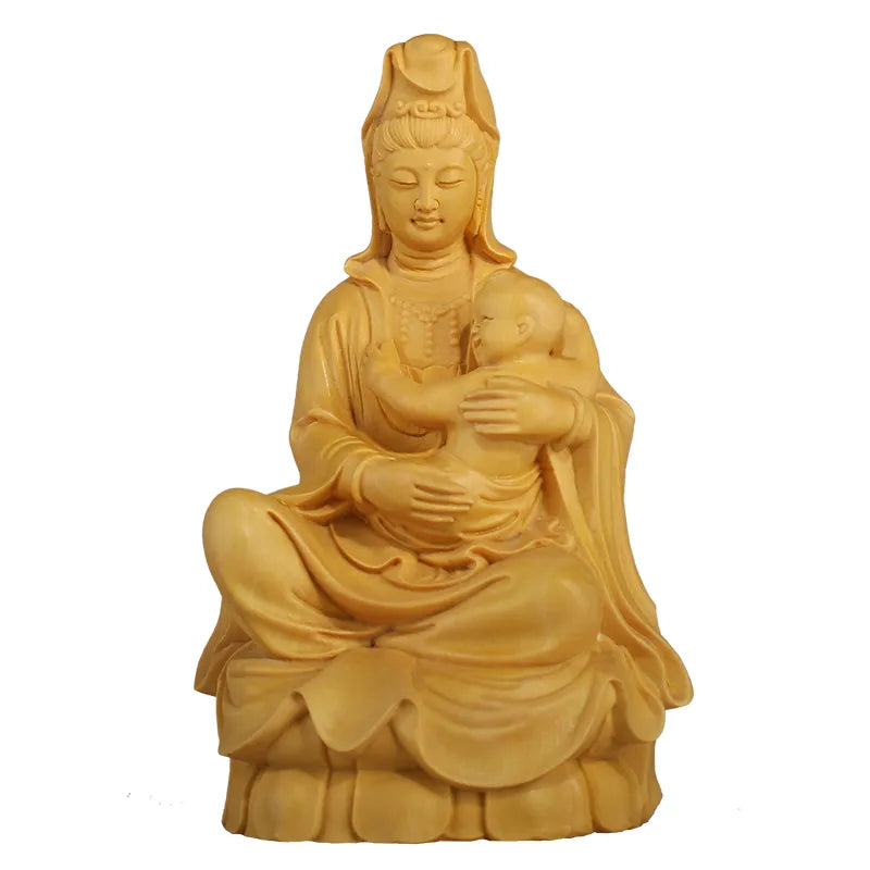 Guan Yin Embracing Child: Exquisite Wooden Buddha Representation, Artful Carved Miniature Sculpture for Elevated Home Decor