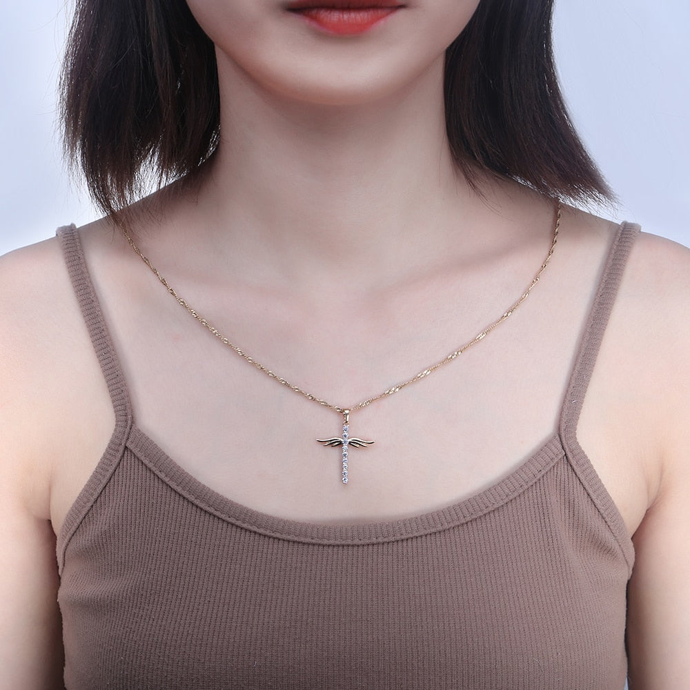 LADYCHIC Angel Wings Cross Pendant Necklace for Girl Women Fashion Style Necklaces Inlaid AAA Crystal Jewelry Wholesale LN1064