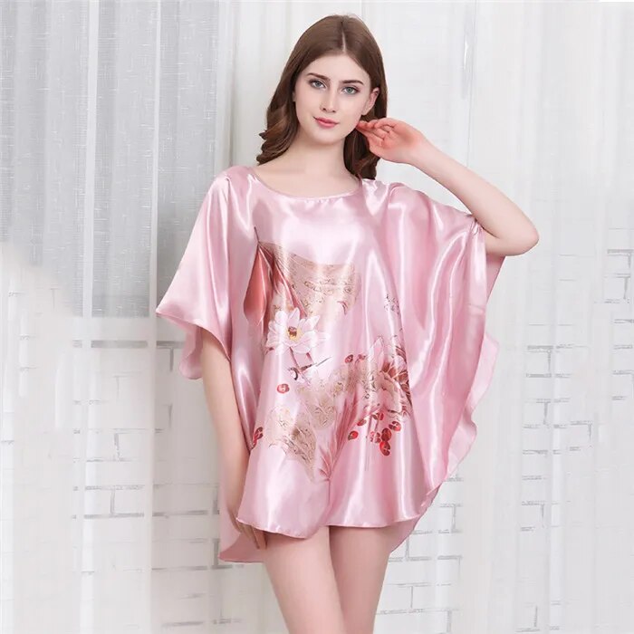 Summer Women Nightgown Print Sleepwear Night Bath Dress Gown Satin Sleep Shirt Sexy Nightshirt Home Clothes Intimate Lingerie