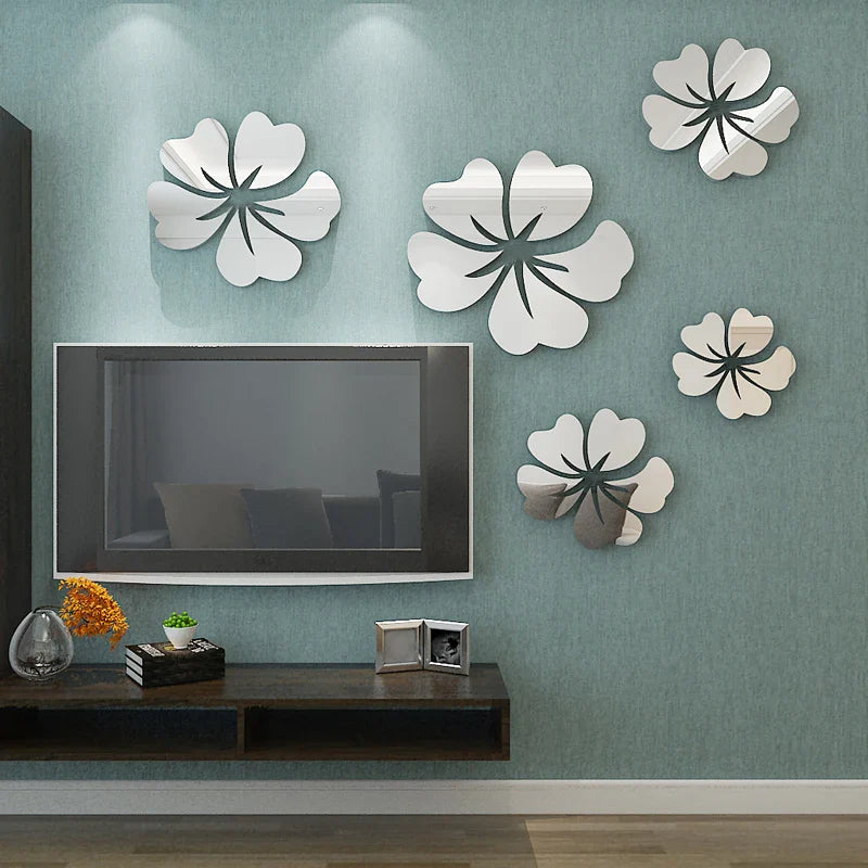 5 pcs Flower Pattern Wall Sticker Home Decor 3D Wall Decal Art DIY Mirror Wall Stickers Living Room Decoration Silver/Gold