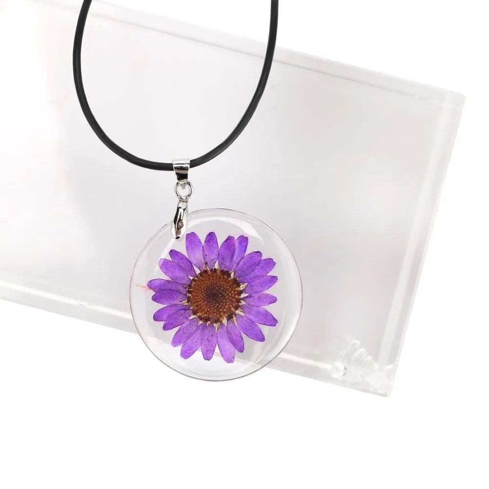 New 1 Pcs Beauty Cute Dried Daisy Flower Handmade Pendant Necklace Charm Gift Women's Jewelry Round Flower Necklace