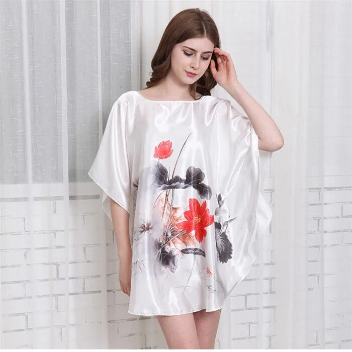 Summer Women Nightgown Print Sleepwear Night Bath Dress Gown Satin Sleep Shirt Sexy Nightshirt Home Clothes Intimate Lingerie