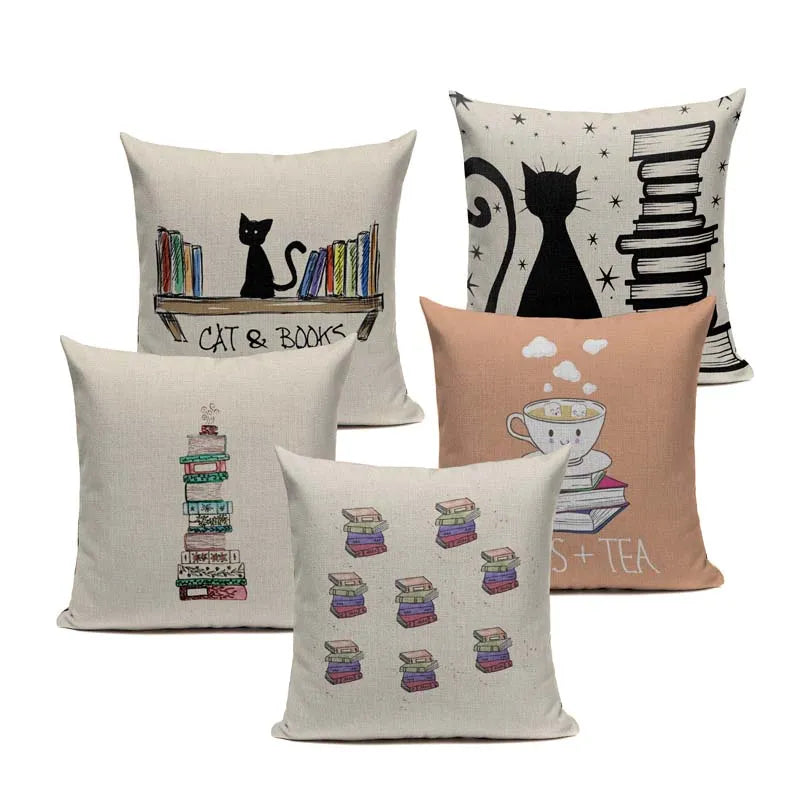 Cat Happy Reading More Book Cushion Cover Customized Linen  Pillowcase Home Sofa Decorative Custom Letter Throw Decor Cojines