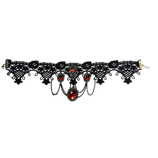 1Pcs Gothic Black Lace Choker Halloween Red Rhinestone Charms Vampire Necklace Cocktail Evening Party Dress Jewelry