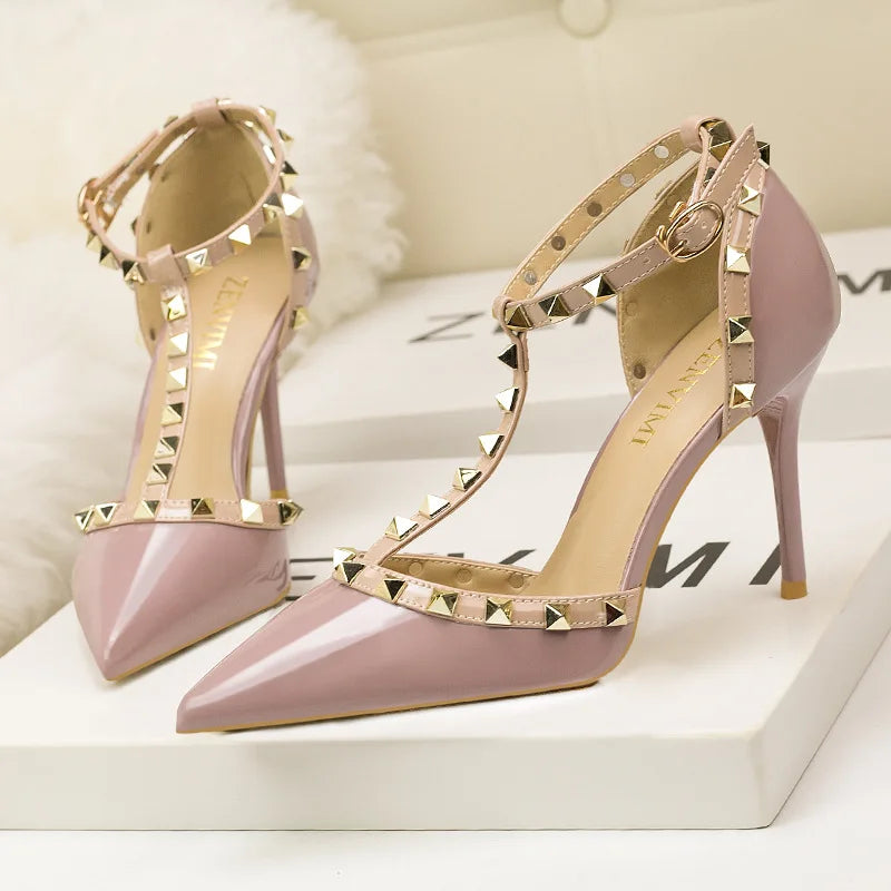Women's Shoes 9CM Pumps Sexy Club Thin Heel Shows Thin High Heel Shallow Mouth Head Rivet Hollows Word to Take Single Shoe