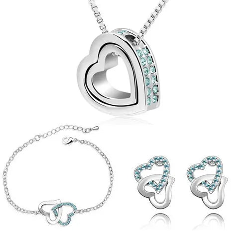 Double Heart pendant necklace earrings bracelets fashion Jewelry sets charm lover quality AAAA+ rhinestones wedding girl summer