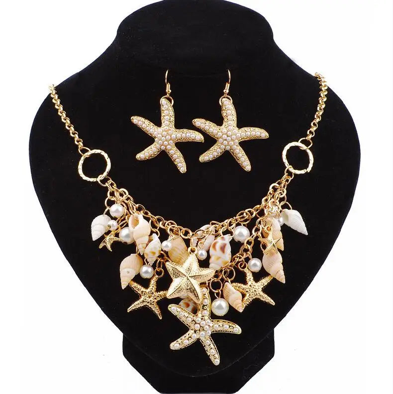 Best Selling Starfish Jewellery sets Charms Imitation Pearl Shell Necklace earrings Boho Gold Color Bracelet Beach Jewelry Set