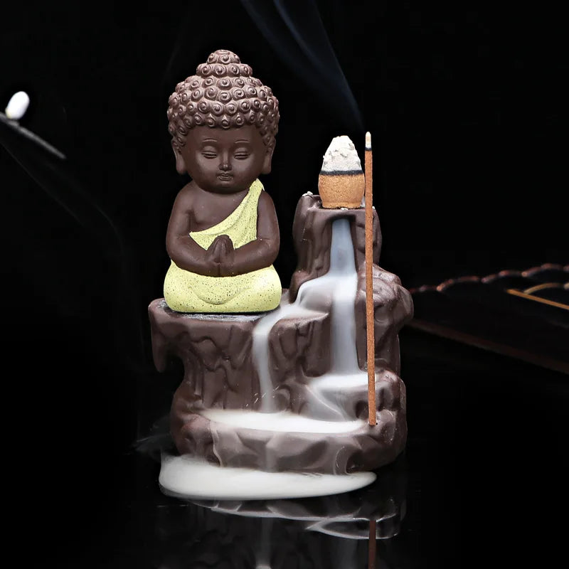 With 10Cones The Little Monk Censer Creative Home Decor Small Buddha Incense Holder Backflow Incense Burner Use In Home Teahouse