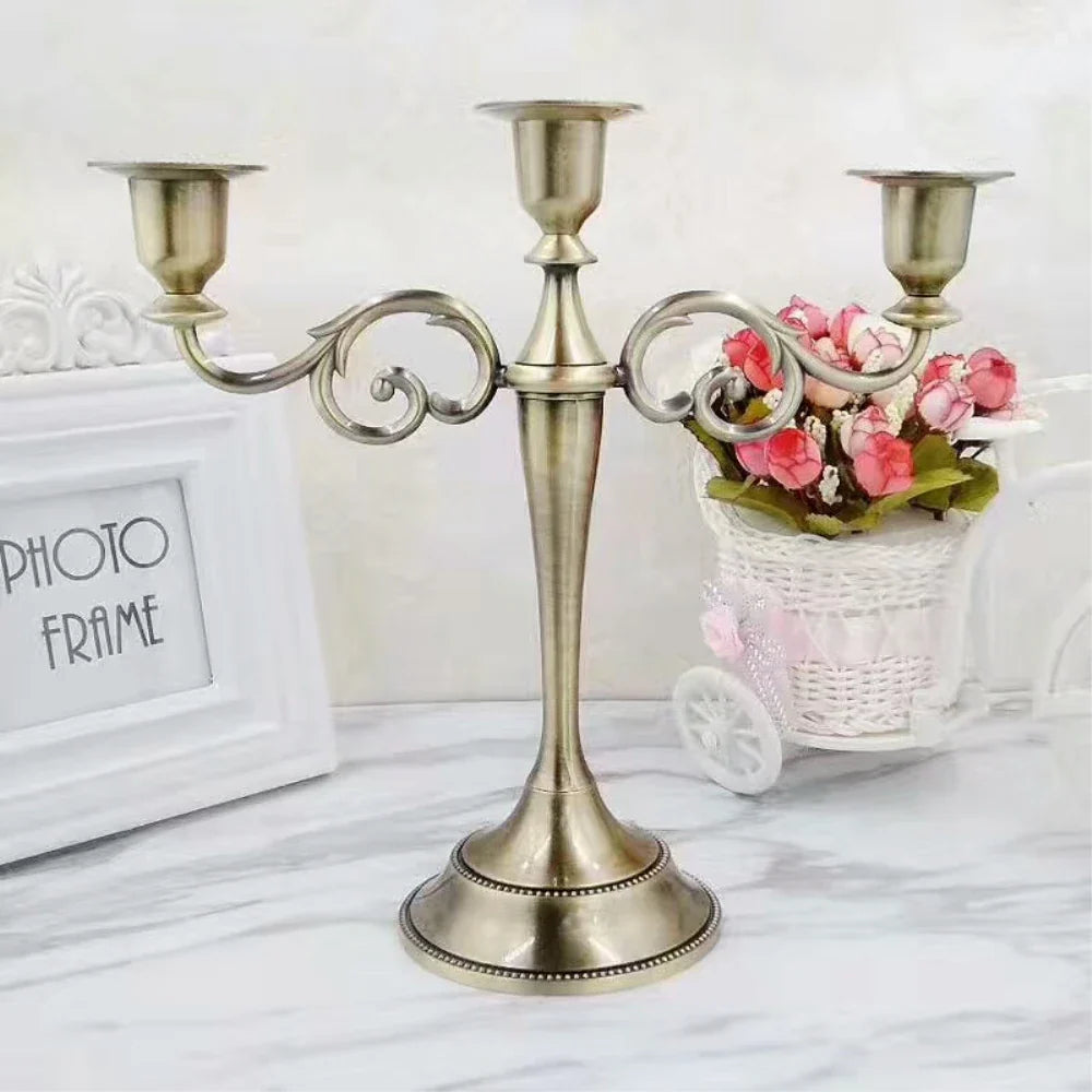 IMUWEN Silver/Gold/Bronze/Black 3-Arms Metal Pillar Candle Holders Candlestick Wedding Decoration Stand Home Decor Candelabra