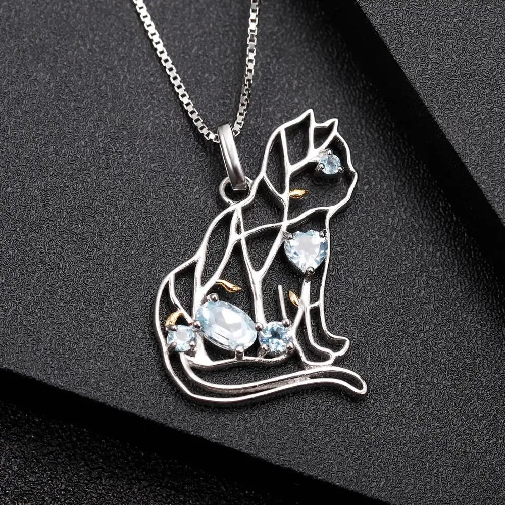 GEM'S BALLET Cat Shape Natural Sky Blue Topaz Animal Jewelry 925 Sterling Silver Handmade Gemstone Pendant Necklace For Women