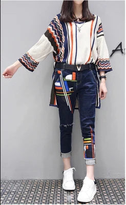 S-6XL Women's Spring Large Size Two-piece 2023 New Fashion Loose High Waist Printing Set Female High-end Shirt + Jeans Two-piece