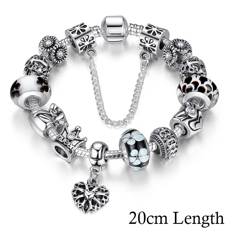 BAMOER Queen Jewelry Silver Plated Charms Bracelet & Bangles With Queen Crown Beads Bracelet for Women PA1823