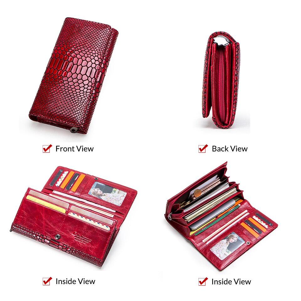 Contact's Genuine Leather Wallet Women Long Clutch Bag Hasp Female Coin Purse RFID Card Holder Wallets for Women Portfel Damski