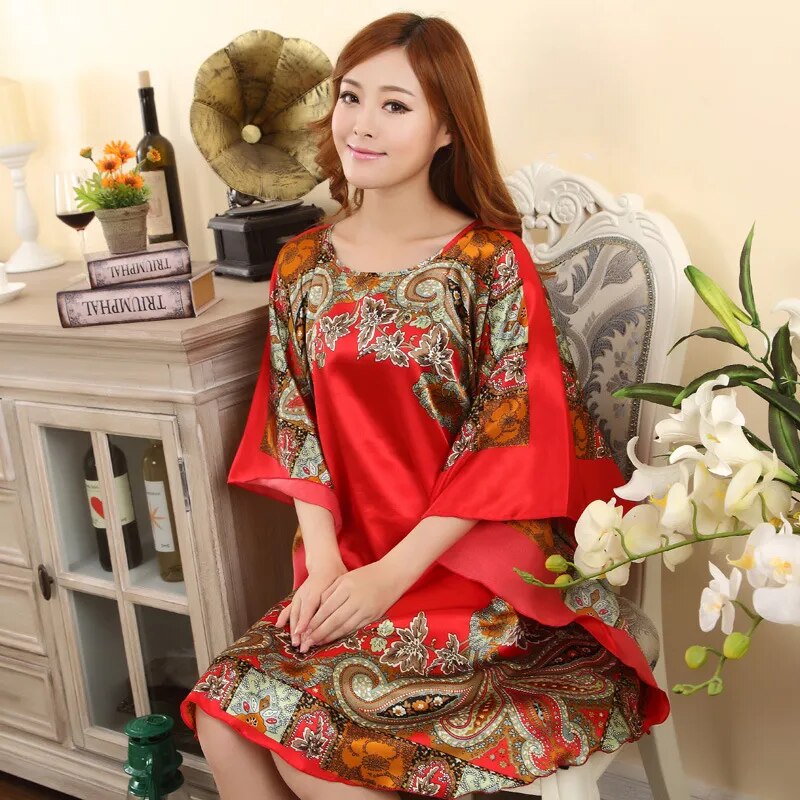 FZSLCYIYI Hot Sale Summer Fashion Lady Robe Chinese Women's Rayon Bath Gown Yukata Nightgown Novelty Print Night Dress