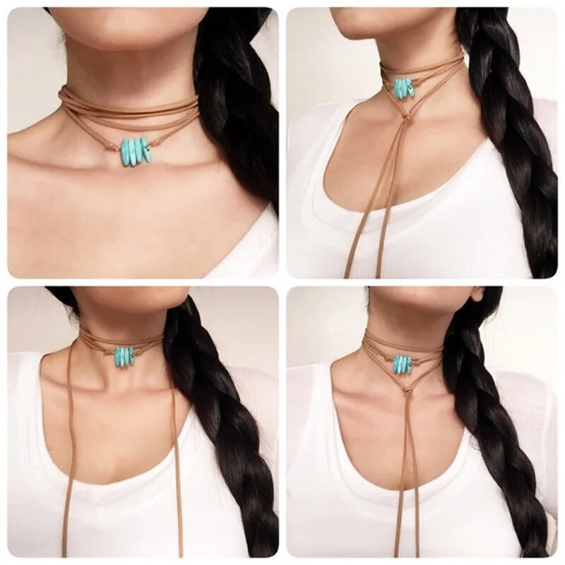 Fashion Jewelry Brown Rope Necklace Leather Turquoises Charm Bow Choker DIY Necklace Gift For Women Girl