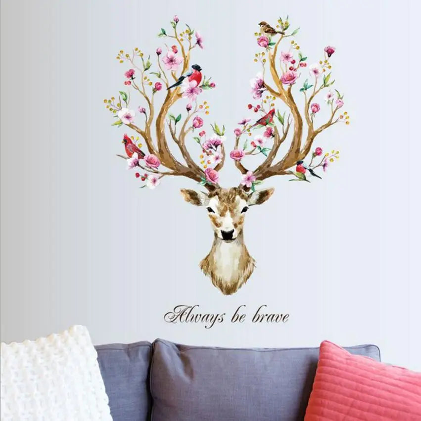 DIY Sika Deer Head Flowers Wall stickers For Living Room Art Vinyl Wall Decals For Home Decor adesivo de parede