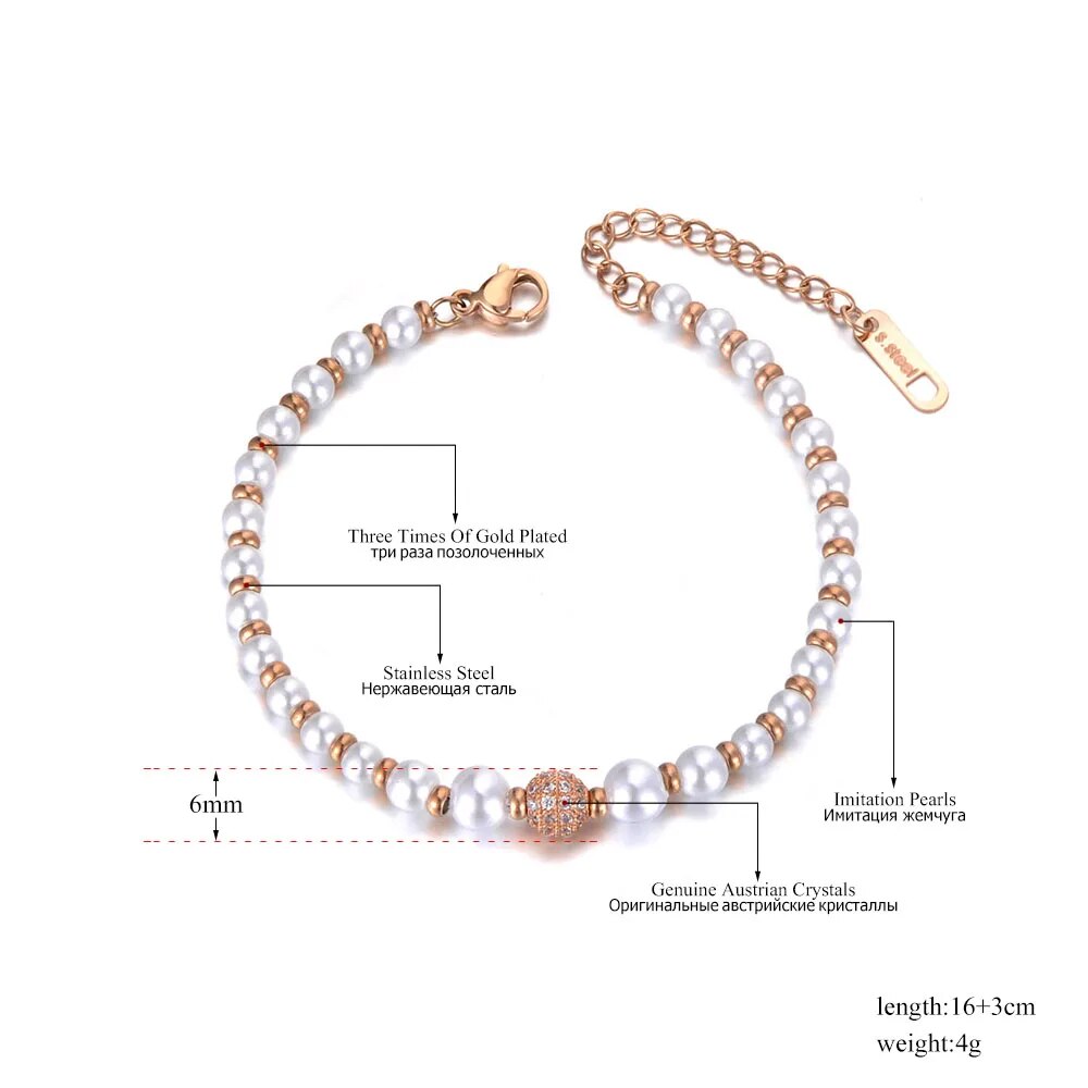Lokaer Stainless Steel Simulated Pearl Charm Bracelets For Women Girls Bohemia CZ Crystal Chain & Link Bracelet Jewelry B19079