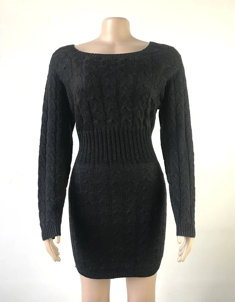 Casual Slash Neck Mini Twisted Sweater Women Vintage Autumn Winter Long Sleeve Knitted Dress Female Bodycon Outwear Dresses