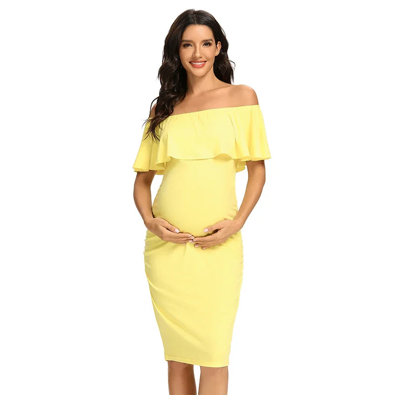 Liu&Qu Women's Maternity Dress Off Shoulder Ruffle Sleeveless Bodycon Dress Elegant Ruched Sides Bodycon Dresses for Baby Shower