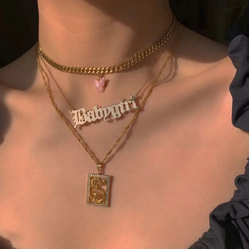 New Multi Layer Butterfly Dragon Charms Crystal Necklaces For Women Punk Golden Angel Letter Clavicle Chain Hiphop Gifts Jewelry
