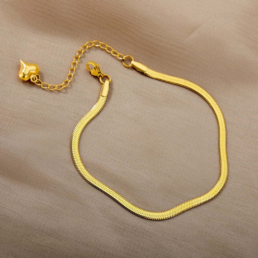 Snake Chain Anklets For Women 3mm Cuban Chain Stainless Steel Stacking Snake Anklet With Heart Summer Beach Accessories