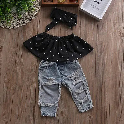 New Fashion Toddler Baby Girls Clothes Black Casual Denim Outfits Set