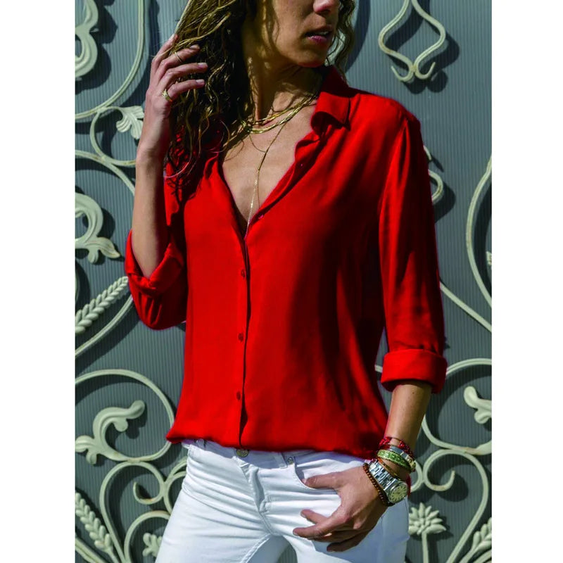 2024 New Women's Clothes Ladies Long Sleeve Deep V-Collar Chiffon Shirt and Tops Casual Women Button Office Shirts Plus Size