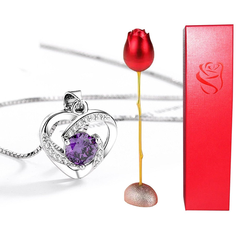 Rose Holder Eternal Love Necklace Set Romantic Rhombus Zircon Pendant With Immortal Valentines' Day Gifts