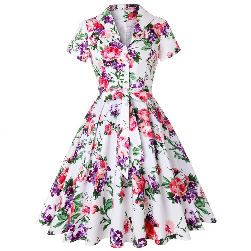 Autumn Cotton Vintage Tunic Midi Dress 50S Short Sleeve 4XL 70s Robe Swing Retro Floral Print White Rockabilly Office Vestidos