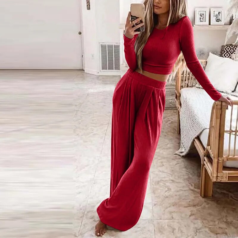 Autumn Women's Solid Knitted Casual Home Wear Slim Tops Two-Piece Wide Leg Pants Set Ladies Clothes Winter Fashion Commuter Suit