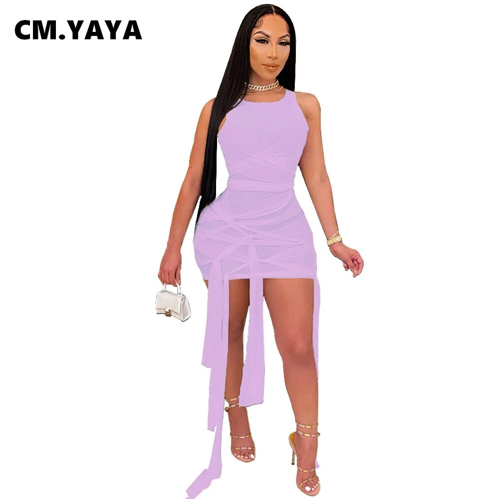 CM.YAYA Women's Mesh See Though Drawstring Lace Up Sleeveless Mini Dress