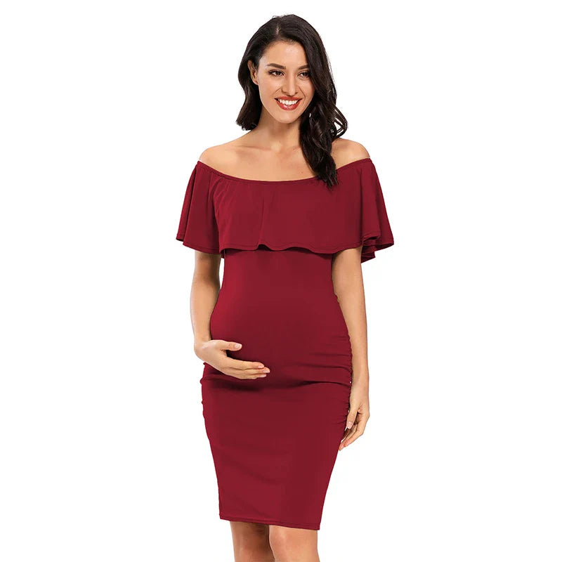 Liu&Qu Women's Maternity Dress Off Shoulder Ruffle Sleeveless Bodycon Dress Elegant Ruched Sides Bodycon Dresses for Baby Shower