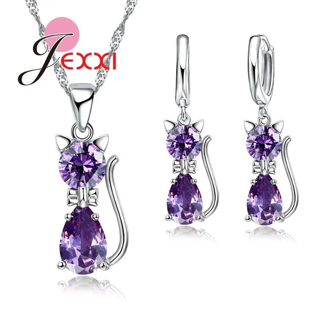HOT New Arrivals Genuine 925 Sterling Silver Shiny Cubic Zirconia Cat Kitty Necklace Pendant Hoop Earrings Fast Shipping