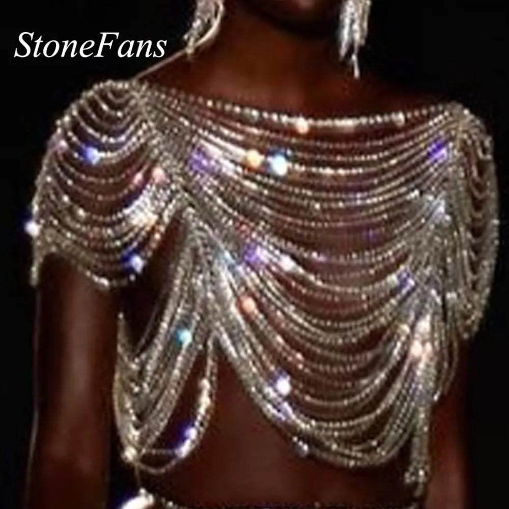 Stonefans Luxury Multi-Layer Full Rhinestone Underwear Chain Bling Shoulder Chain Crystal Body Chain Women Chest Clothes Jewelry