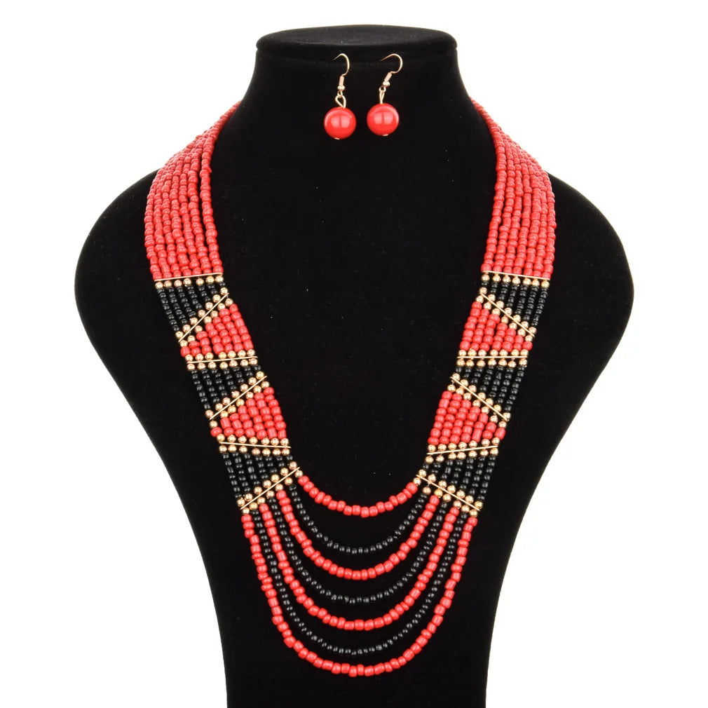 Hyperbole Women's Jewelry Sets Bohemia Multi Layer Handmade Beaded Chains Beads Necklace Hanging Earrings Women Sets for Gift