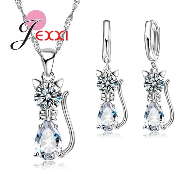 HOT New Arrivals Genuine 925 Sterling Silver Shiny Cubic Zirconia Cat Kitty Necklace Pendant Hoop Earrings Fast Shipping