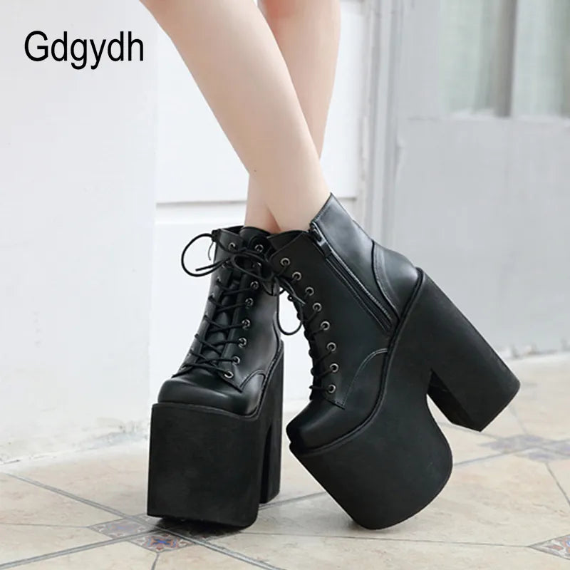 Gdgydh Height 17cm Chunky Heel Platform Ankle Boots Punk Cosplay Thick Sole Goth Boots