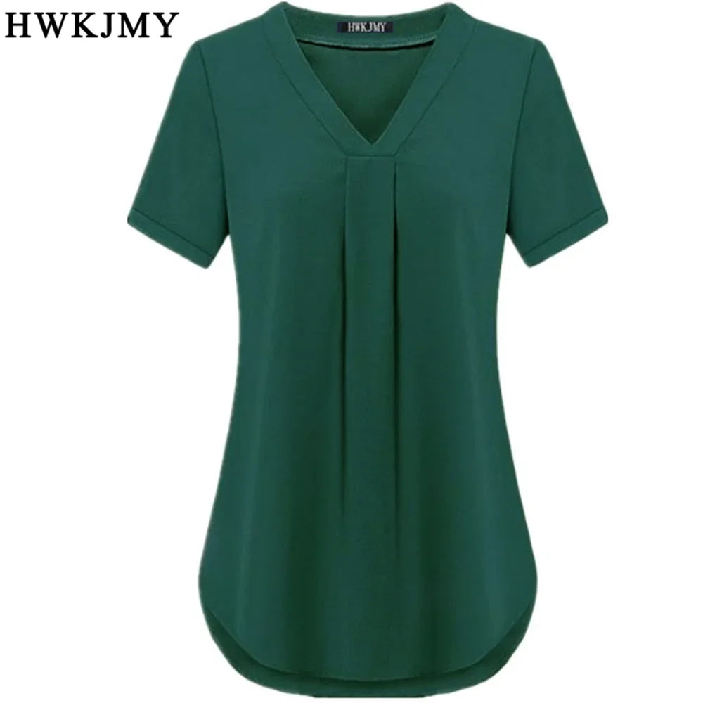 Summer Women's Clothing Casua Sexy V-neck Short Sleeve Shirt Solid Color Loose Pleated Chiffon T-shirt Tops Ladies Tee S-6XL