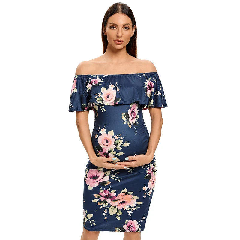 Liu&Qu Women's Maternity Dress Off Shoulder Ruffle Sleeveless Bodycon Dress Elegant Ruched Sides Bodycon Dresses for Baby Shower