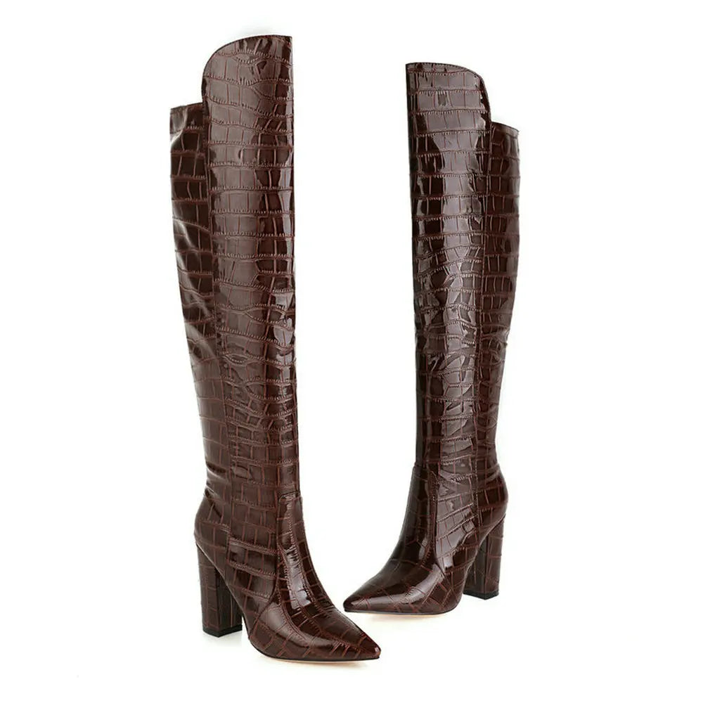 Black Brown Wine Red White Women Over the Knee Boots Patent PU Leather Women Winter Shoes Fashion Pointed Toe Square Heel Shoes