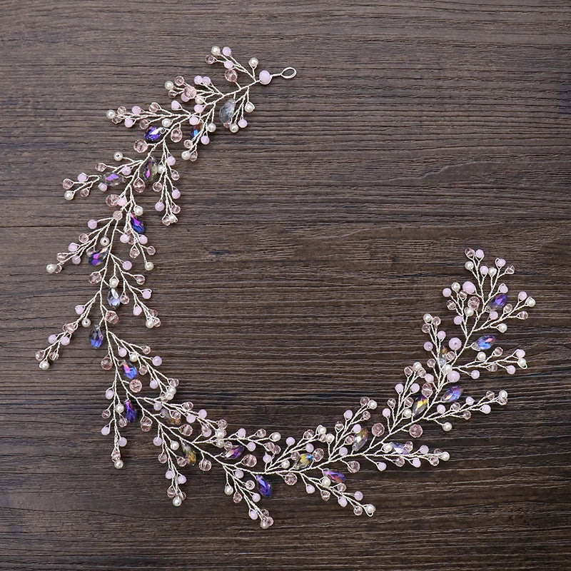 Trendy Purple Crystal Pearl Wedding Headband Tiara Handmade Hairband Bridal Headpiece Wedding Hair Accessories Women's jewelry