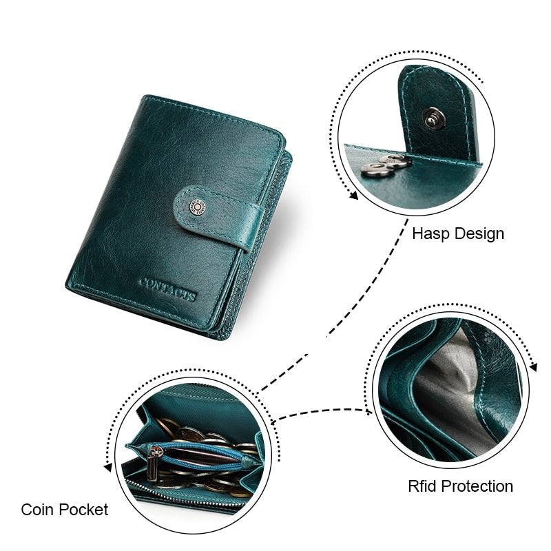 Contact's Genuine Leather Wallet Women Rifd Small Card Holder Wallets Ladies Blue Coin Purse Portfel Fashion Trifold Clutch Bag