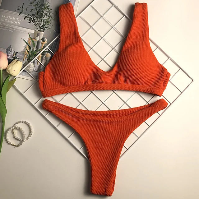 2024 Sexy White Ribbed Brazilian bikini Women Swimwear Female swimsuit Two pieces bikini Set Push up Bather bathing suit Swim