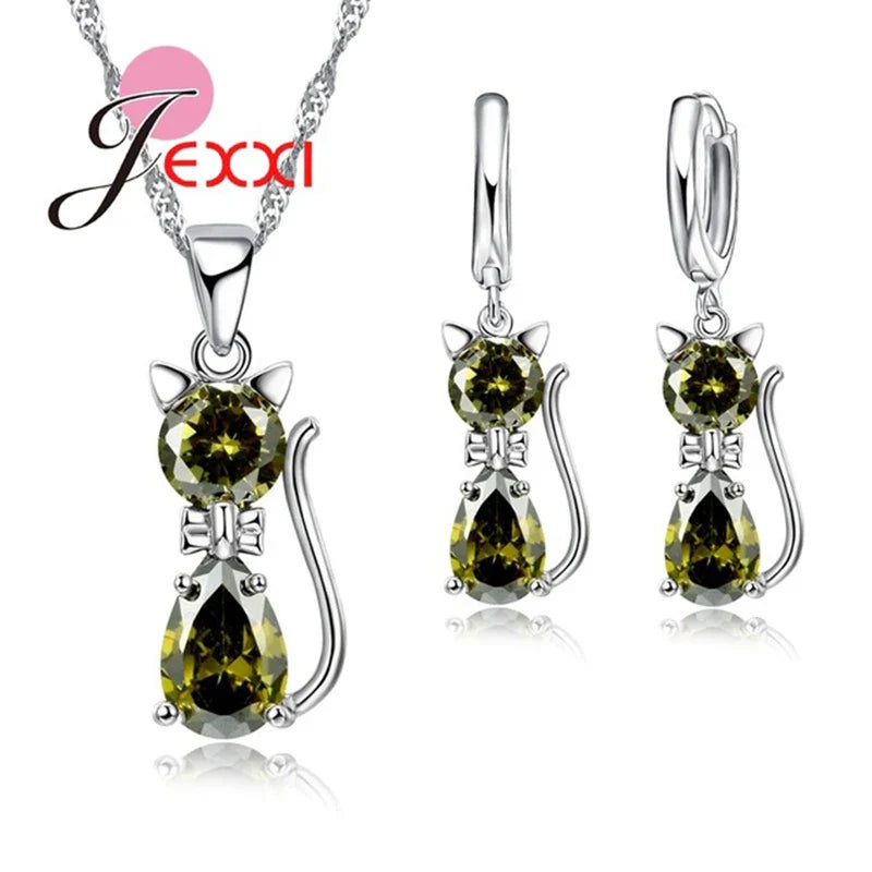 HOT New Arrivals Genuine 925 Sterling Silver Shiny Cubic Zirconia Cat Kitty Necklace Pendant Hoop Earrings Fast Shipping