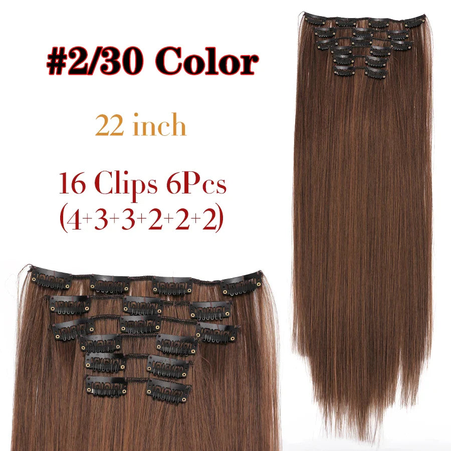 Leeons 16Clips Long Straight Synthetic Clip On Hair Extensions Cheveux Clip Naturel High Temperature Fiber Black Brown Hairpiece