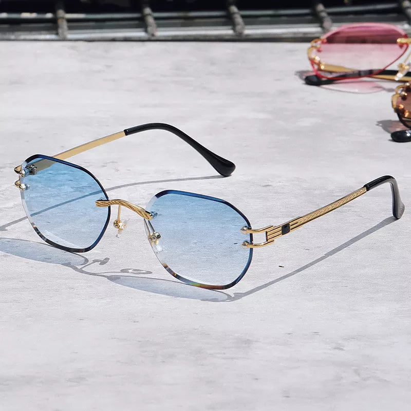 Blue Sunglasses Frameless Rimless Men 2021 High Quality Square Metal Sun Glasses Women Mirror Sea Summer Style
