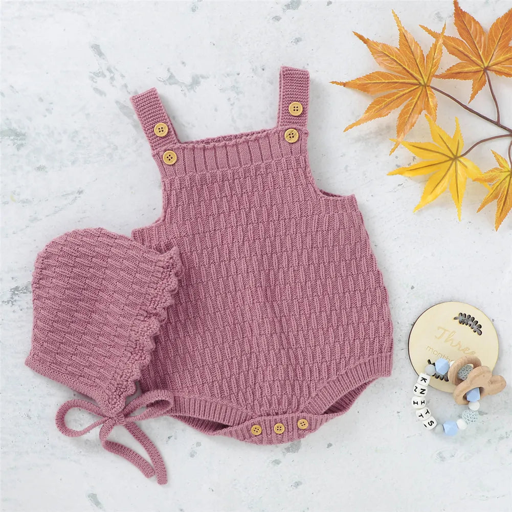Baby Spring Autumn Clothes Set Knitted Romper Triangle Crotch Button One-Piece Jumpsuit+Hats Toddler Baby Boys Girls 2Pcs