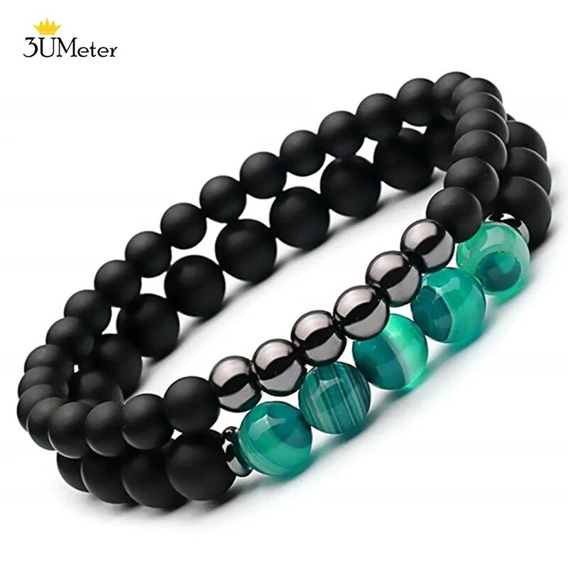 2PCS Natural Striped Agates Matte Black Onyx Beaded Bracelet for Women Men Natural Stone Hematite Bracelet Jewelry Pulseras