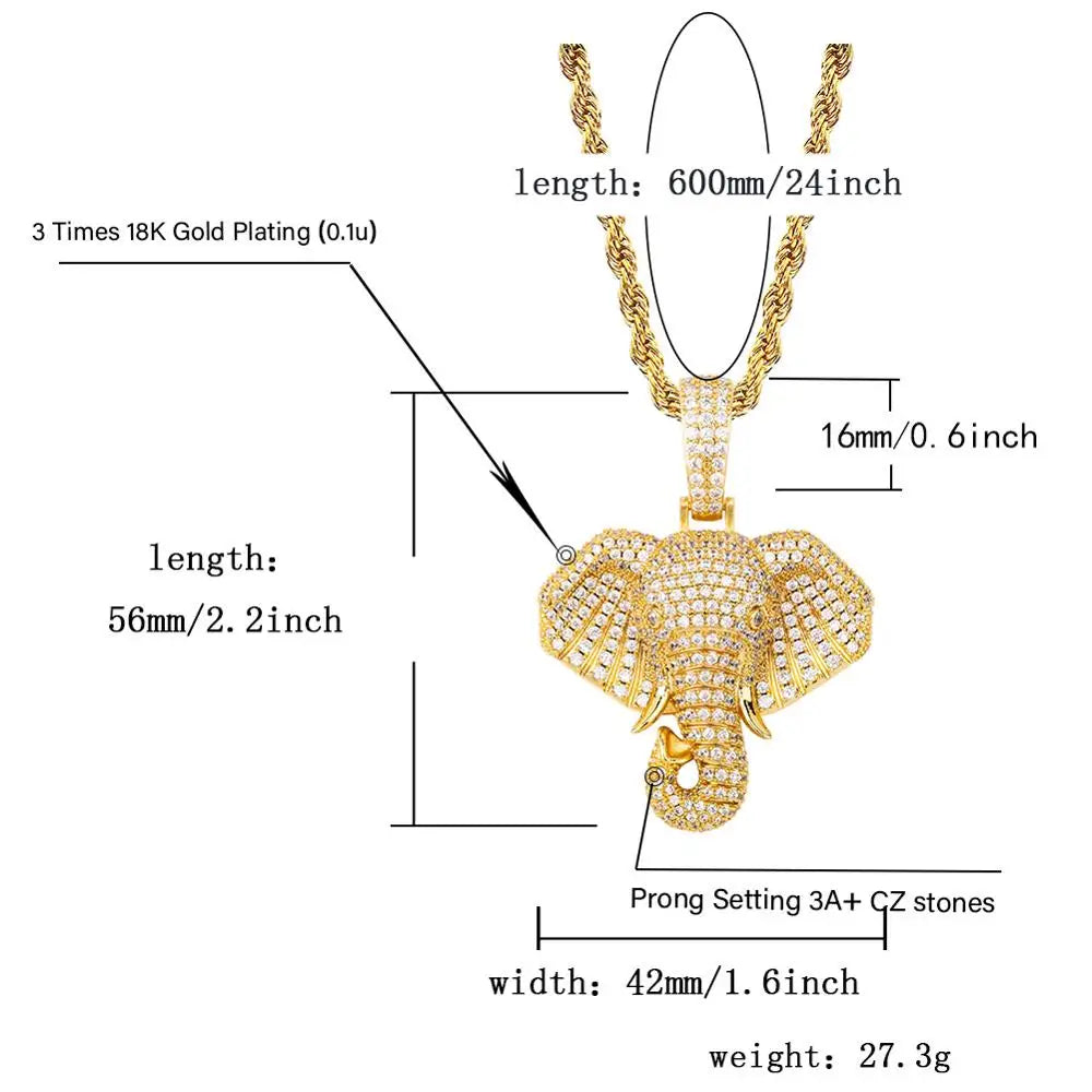 TOPGRILLZ Iced Out Cubic Zircon Bling Animal Elephant Necklace & Pendant Men Women Hip Hop Rock Jewelry CZ Necklace For Gifts