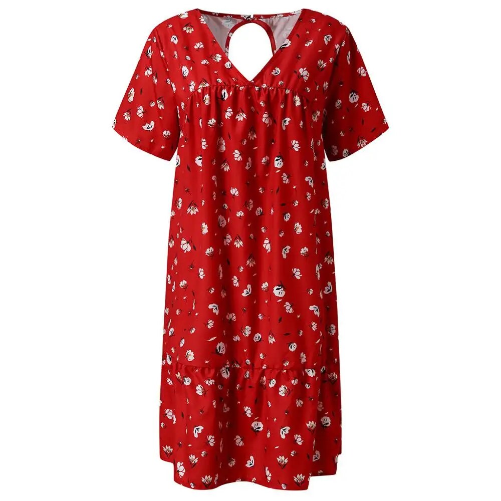Duzeala Women Knee-Length Sundress Slim Summer Floral Printing Chiffon Dress Fanshion Loose V Neck Gradient Print Elastic Dress